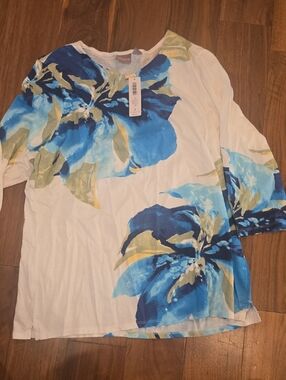 Chico's White Tunic with Blue Floral Print